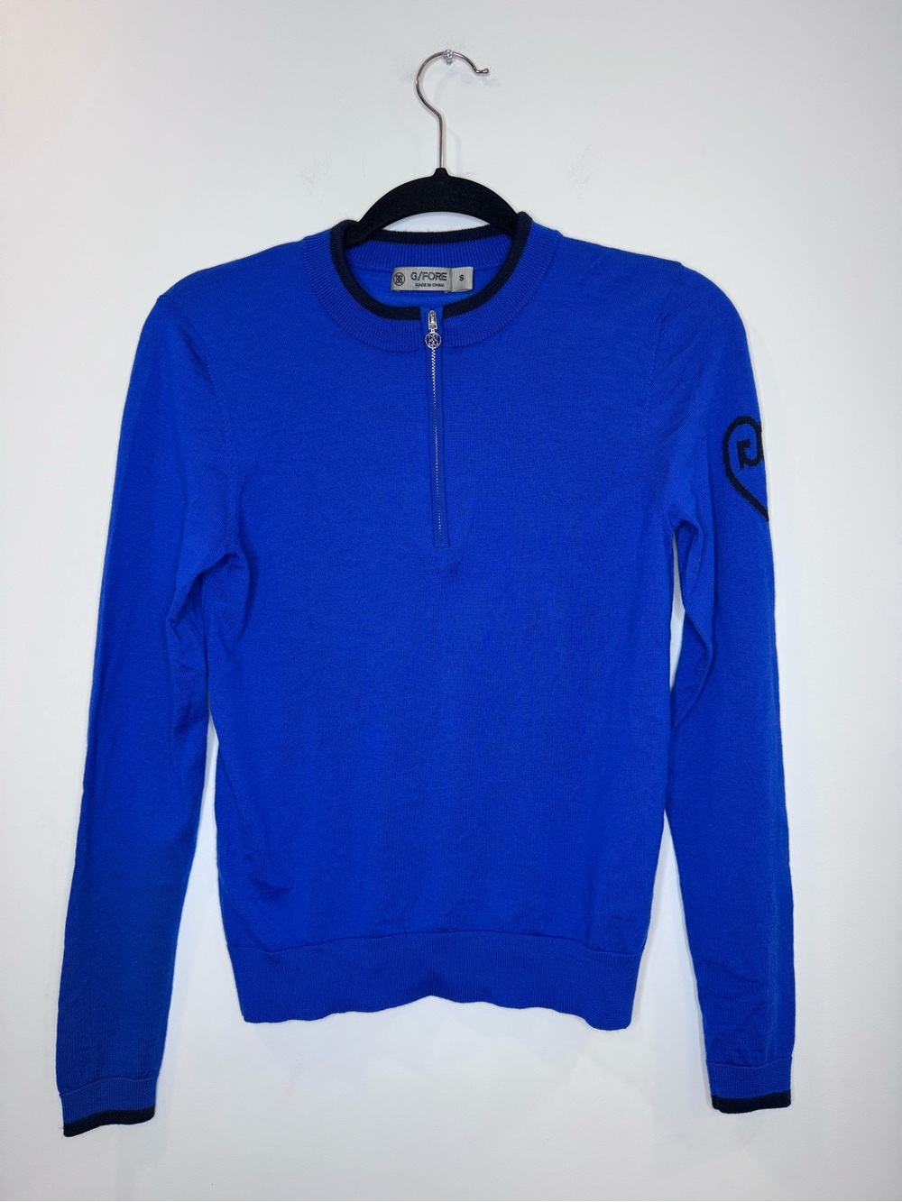 G/FORE Sweater Blue merinoWool 1/4 Zip Mock Neck heart Graphic Golf Long small